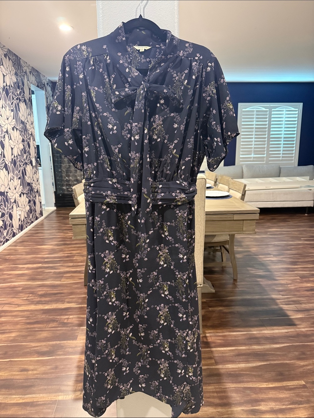 Max Studio Navy Floral Tie-Bow Midi Dress